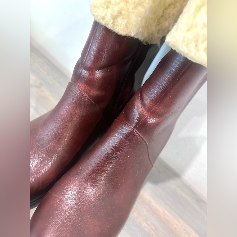 Womens Reddish Brown W Beige Fuzzy Faux Fur Heeled Booties Boots Size 8 - Picture 8 of 16